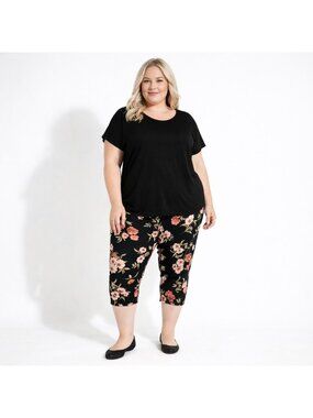Addition Elle Black Floral Stretchy Capri Leggings Cropped Plus Size 6X